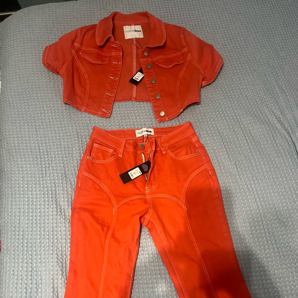 Orange jean set new never worn fashion nova